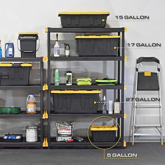 BLACK & YELLOW 5-Gallon Stackable Plastic Storage Bins with Lids, 4 Pack | Small heavy-duty storage totes for garage, closet, classroom & home organization, 8.6H x 12.3W x 16.4D, Black & Yellow,