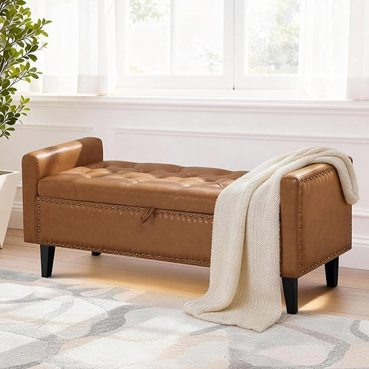 47'' Leather Storage Ottoman Bench, End of Bed Storage Bench with Wooden Legs, Upholstered Tufted Ottoman with Storage for Bedroom, Living Room, Entryway, Light Brown
