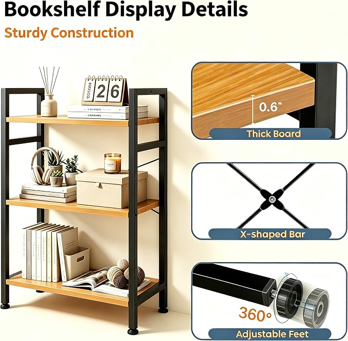 HealSmart 3 Tier Bookshelf, Free Standing Book Shelf Home Office Bookcase Shelf Storage Organizer for Bedroom, Bathroom, Living Room, Office, Balcony, Wood