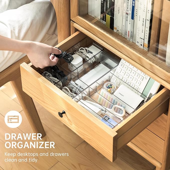 FRETONBA 2 Pack Cable Storage Organizer Box with 8 Compartments, Small | Stackable Design, Adjustable Divider, Clear for Quick Access, 14 Reusable Wire Ties, Fits Drawer & Desk