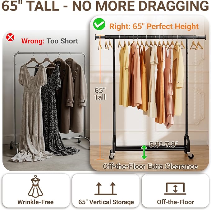 Heavy Duty Rolling Clothing Rack, 450 lbs Capacity Metal Clothes Rack with Wheels, 65" Tall Freestanding Hanging Rack for Bedroom, Laundry Room, Retail Display, Black