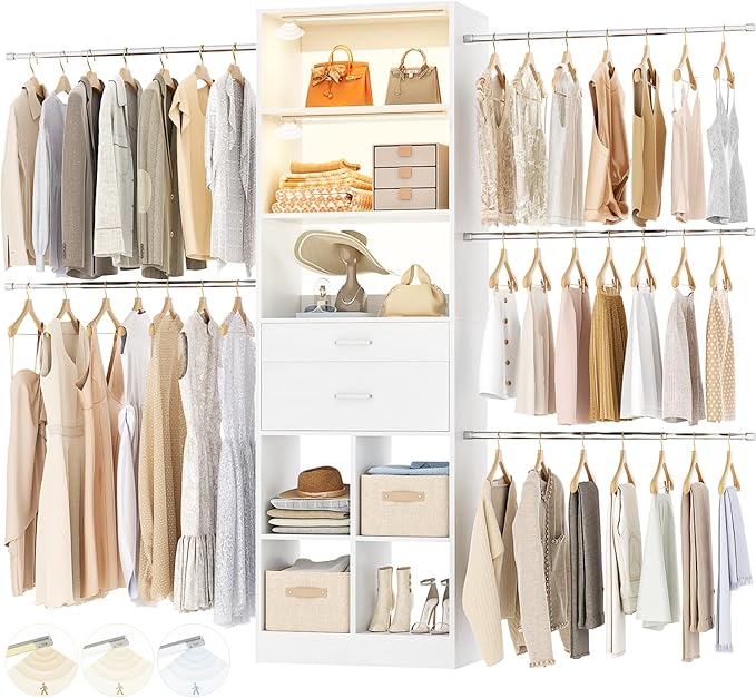 Besiost Closet System with Smart Sensor Lights, 4-8 FT Closet Organizer System with 2 Wooden Drawers and 5 Hanging Rods, Can Fit 60 to 96 inch Built-in Walk-in Closet System, White