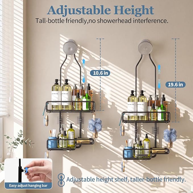 Skyapex Hanging Shower Caddy Bathroom Organizer - Over The Shower Head Adjustable Rack for Tall Showerheads, Extra Large Storage Shelf with Soap Holder for Big Shampoo Bottles
