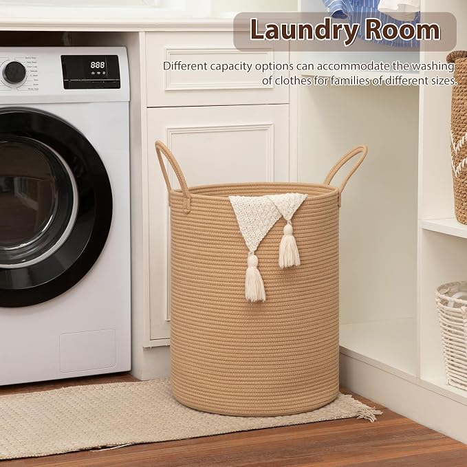 OIAHOMY Large Laundry Basket Hamper - 60L Cotton Rope Woven Basket for Blankets, Toys, Clothes - Tall Decorative Nursery Hamper with Long Handles, Yellow