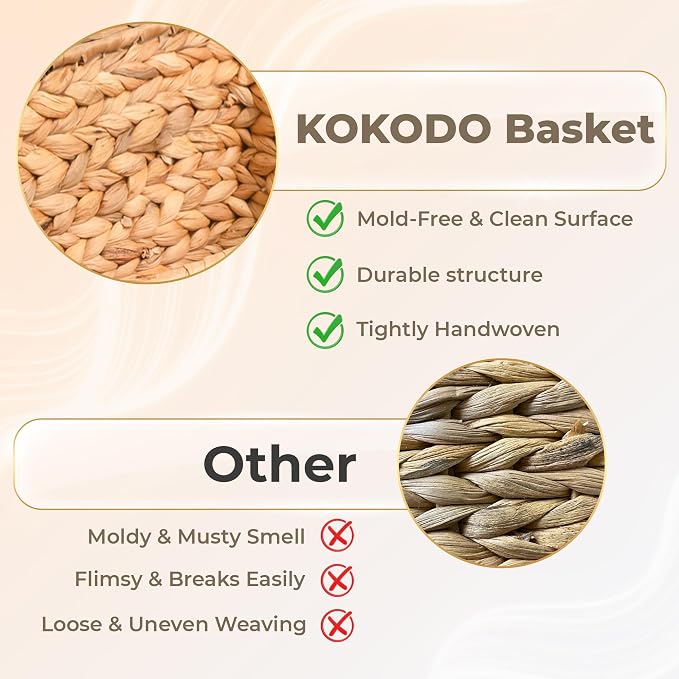 KOKODO Wicker Storage Basket Set of 2, Rectangular Baskets for Shelves with Handles & Chalkboard Labels, Handwoven Water Hyacinth Baskets for Organizing Pantry, Closet & Home.