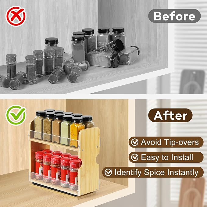 2 Tier Pull Out Spice Rack Organizer, Bamboo Sliding Spice Rack for Kitchen | Cabinet, (4.4" W x 10.6" D x 10.4" H) Spice Storage, Pantry Organization