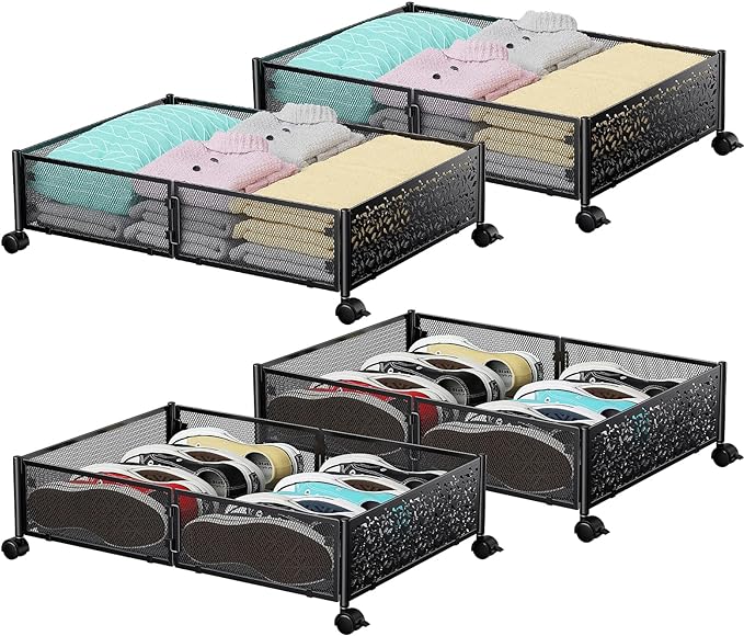 PHINOX Under Bed Storage with Wheels,Patterned,Sturdy Metal,4 Pack,Black | Tool-free assembly, glide smoothly, easy reach, foldable, maxmazie low-profile beds, dorm, keep seasonal clothes, shoes fresh