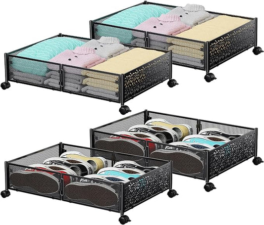 PHINOX Under Bed Storage with Wheels,Patterned,Sturdy Metal,4 Pack,Black | Tool-free assembly, glide smoothly, easy reach, foldable, maxmazie low-profile beds, dorm, keep seasonal clothes, shoes fresh