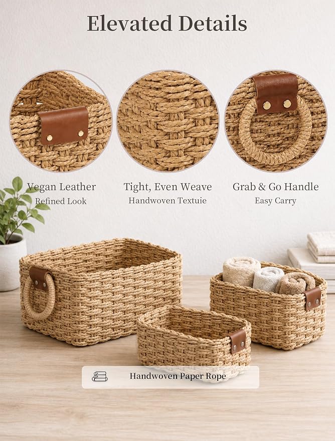 Small Wicker Baskets, 3 PCS Paper Rope Baskets for Shelves, Brown | Recycled Small Baskets, 3 Sizes Woven Baskets for Organizing, Decorative Storage Baskets for Bedroom and Bathroom