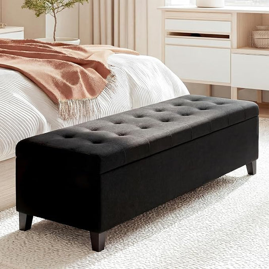Joveco Storage Ottoman Bench, 51" Linen Rectangle Long Bench, for Bedroom, End Foot of Bed, Living Room, Entryway, Linen Black