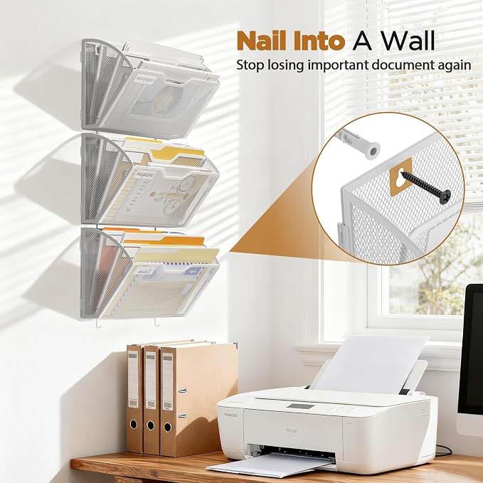 Docnest 3 Pack 3 Tier Mesh Wall File Holders with Hooks for Mail, White | Space-saving vertical design with utility hooks. Ideal paper document organizer for office, home, and school