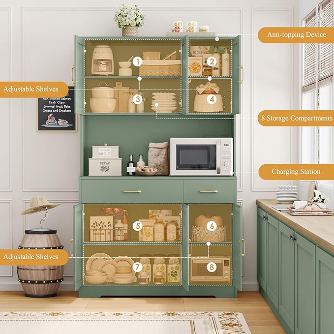 HOSTACK 71"H Kitchen Pantry Storage Cabinet, Farmhouse Hutch Cabinet, Green | Space-Saving Pantry Cabinet with Charging Station & 2 Large Drawers & Adjustable Shelves, Tall Kitchen Hutch for Dining Room
