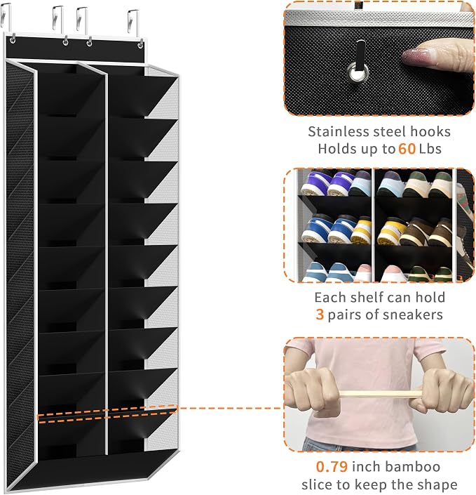 KEEPJOY 20-30 Pairs Over the Door Shoe Organizer, Mesh Hanging Shoe Rack for Door Storage with 20 Wide Deep Pockets,10-Tier Black Door Shoe Holder Fits Sneakers, Boots.