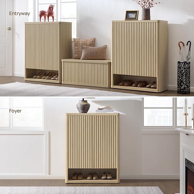SICOTAS Shoe Cabinet 44 inch Tall Fluted Shoe Cabinet with Doors & 4 Shelves Wooden Large Hidden Shoe Storage Organizer Modern Free Standing 6-Tier Cabinet for Entryway Living Room Closet