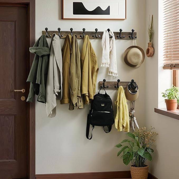 WEBI Coat Rack Wall Mount,17" Solid Wood Coat Hooks Wall Mounted Coat Hanger,16" Hole to Hole,Heavy Duty Hook Rack Rail,3 Triple Hooks for Hanging Coats,Jacket,Clothes,Hat,Weathered Brown,2 Packs