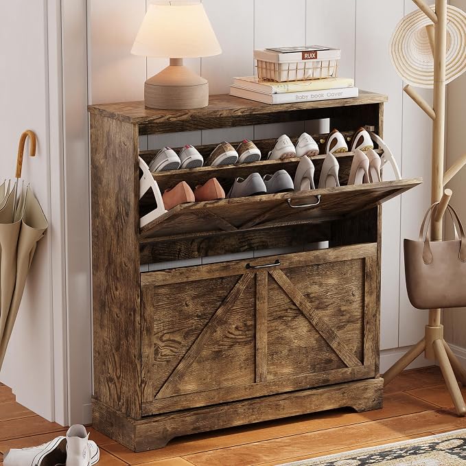 Semiocthome Farmhouse Shoe Storage Cabinet with 2 Flip Drawers, 31.5"(W) Freestanding Shoe Organizer with Barn Door and Metal Handles for Entryway, Corner Narrow Shoe Rack Cabinet - Rustic Brown