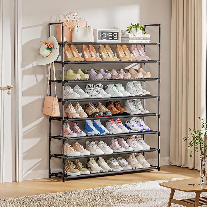 OYREL 8 Tier Shoe Organizer, 33.3in Wide x 11.2in Deep x 55.7in Tall, Black Metal and Plastic Shoe Rack, Holds up to 32-40 Pairs of Shoes | 32-40 Pairs, Closet, Entryway, Garage, Door Entrance, Large Storage Shoes Holder Stand, Sturdy Free Standing Boo...