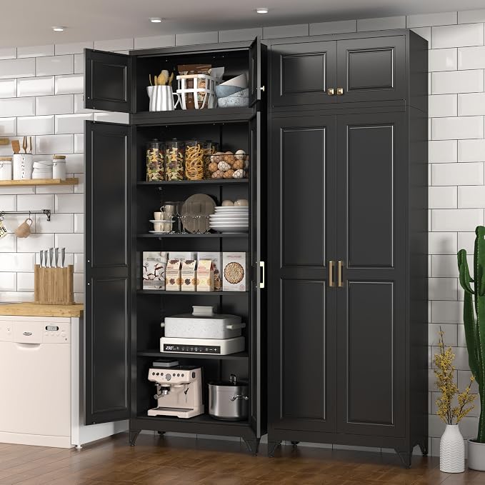 Polup 90" Pantry Cabinet, Tall Metal Storage Cabinet with Doors and Shelves | Black Kitchen Cabinet, 5 Adjustable Shelving, Heavy-Duty, 2 Gold Handles, 4 Standing Feet, for Dining Room Garage & Laundry