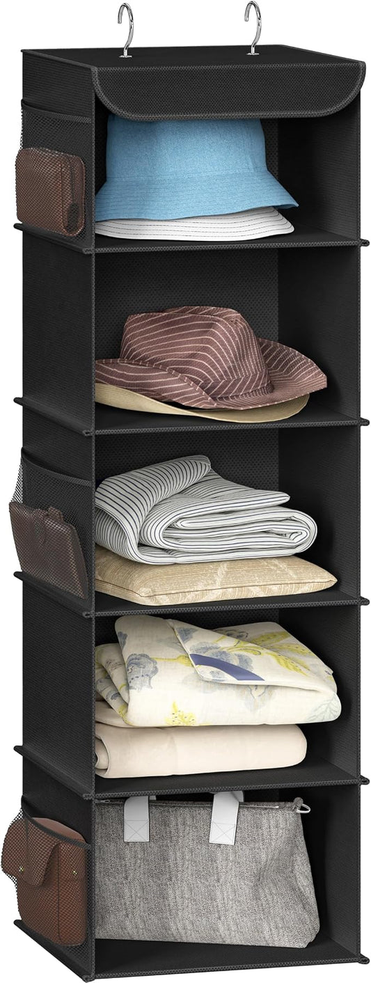 Simple Houseware 5 Shelf Hanging Closet Organizer, Black | 360° Rotating Dual Hooks, Top Support Metal Frame, 6 Side Mesh Pockets