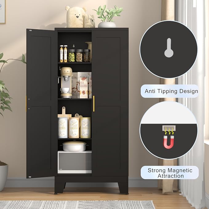 GAIOUS 61.02" Kitchen Pantry Cabinet, Pantry Storage Cabinet with 2 Doors and Adjustable Shelves, Black Food Storage for Kitchen, Living Room, Bedroom and Dining Room (Black) Metal Sideboard