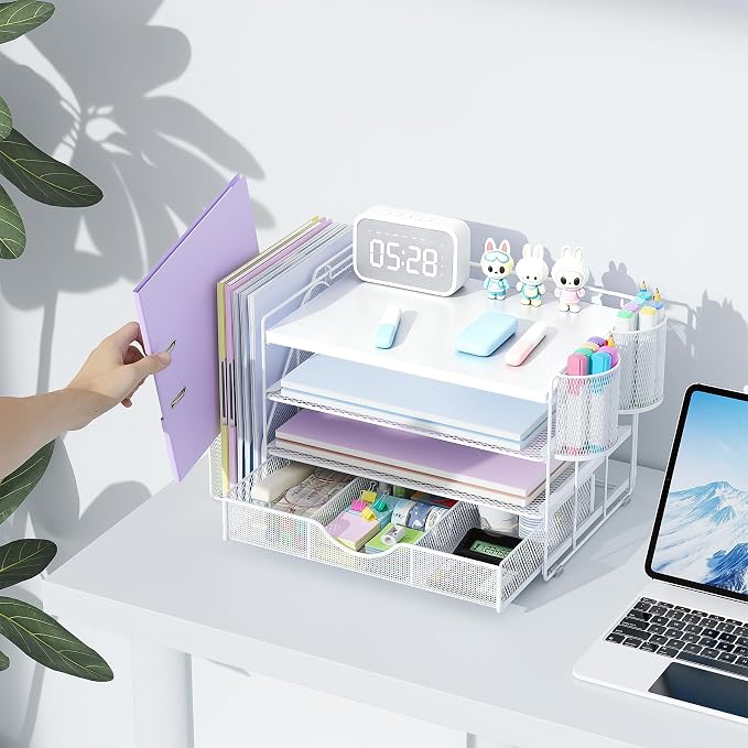 gianotter Wood Desk Organizers and Accessories with File Holder, 4-Tier Desk Accessories & Workspace Organizers with Drawer and 2 Pen Holder, Desk Reference Organizer (White, 4T with Metal Drawer)