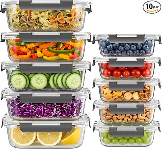 Dealusy 10 Sets (20-Piece) 36 oz & 12 oz Glass Food Storage Containers with lids, Airtight Leak-proof Glass Meal Prep Containers with Lids, Microwave Oven Freezer Dishwasher Safe, Gray