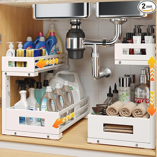 L-Shaped Metal Under Sink Organizer, 2-Tier Double Pull-Out Cabinet Organizer for Kitchen & Bathroom Storage, Height Adjustable, Smooth Cylinder Rail, White, 2 Packs