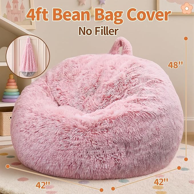 Stuffed Animal Storage Bean Bag Chair Cover, Soft Bean Bag Cover | Fluffy Faux Fur Stuffed Animal Storage Chair, Non-Slip Bottom, Fill with Plush Toys or Blankets, for Adults Teens Kids Girls
