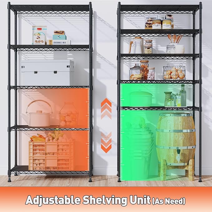 Romorgniz 5-Tier Adjustable Wire Shelving, 1010LBS, Kitchen Pantry Garage | Heavy duty Storage Shelves, Rust-resistant coating, Anti-tip design, For laundry Closet Bathroom, 59" Hx21.7" Wx13.8" D