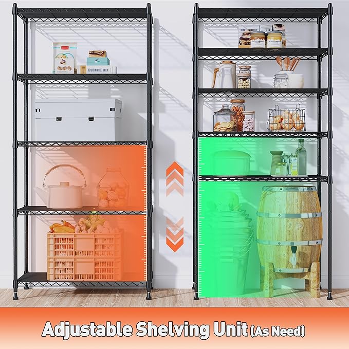 Romorgniz 5-Tier Shelf 1010LBS Storage Shelves Adjustable Wire Shelving,Tool-Free Assembly,Metal Shelving Unit for Kitchen Pantry Closet Laundry Bathroom 59" Hx21.7 Wx13.8 D,Black,3P
