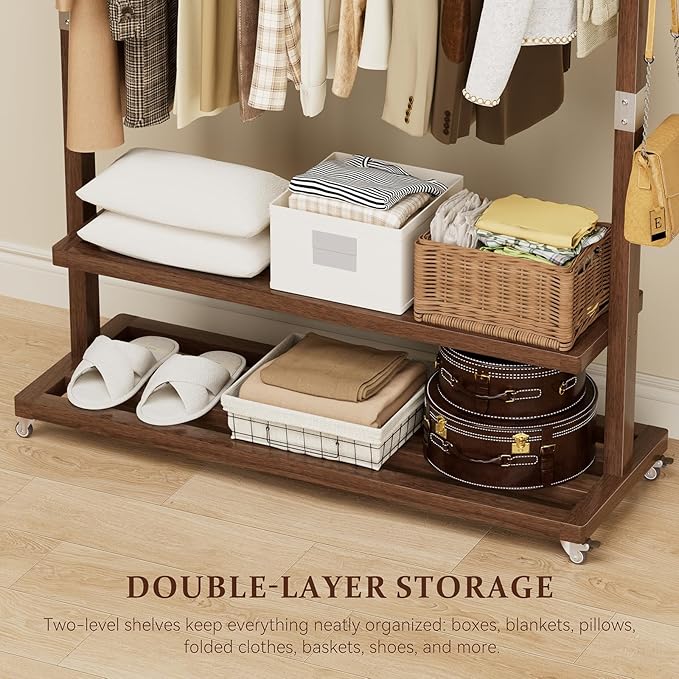 Solid Wood Clothes Rack with Wheels 3-in-1 Garment Rack Extra Long Rod 2 Shelves