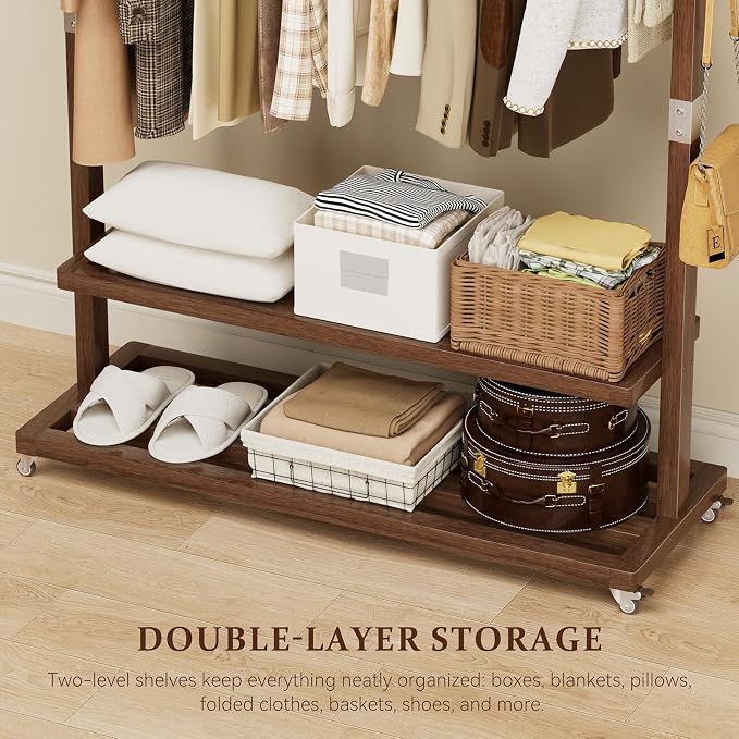 Solid Wood Clothes Rack with Wheels 3-in-1 Garment Rack Extra Long Rod 2 Shelves