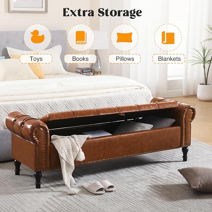 Storage Bed Bench for Bedroom, Faux Leather 67" End of Bed Benches, King Size Bench with Arm, Tufted Button Upholstered Ottoman Bench for Living Room, Entryway, Yellow Brown