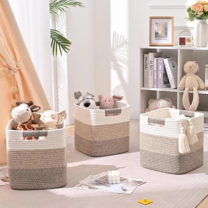 13 Inch Storage Cubes, 3 Pack Cube Storage Bins for Organizing, Cotton Rope Woven Baskets for Shelves, Bathroom, Kids Room, Closets, Baby Nursery