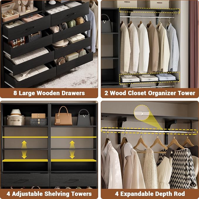Aheaplus Closet System with 8 Wooden Drawers, Wood Closet Organizer System with Tower, Walk-in Closet Organizer Wardrobe Clothes Rack with 4 Hanging Rods, Garment Rack, Cut to Fit 7-12Ft, Black