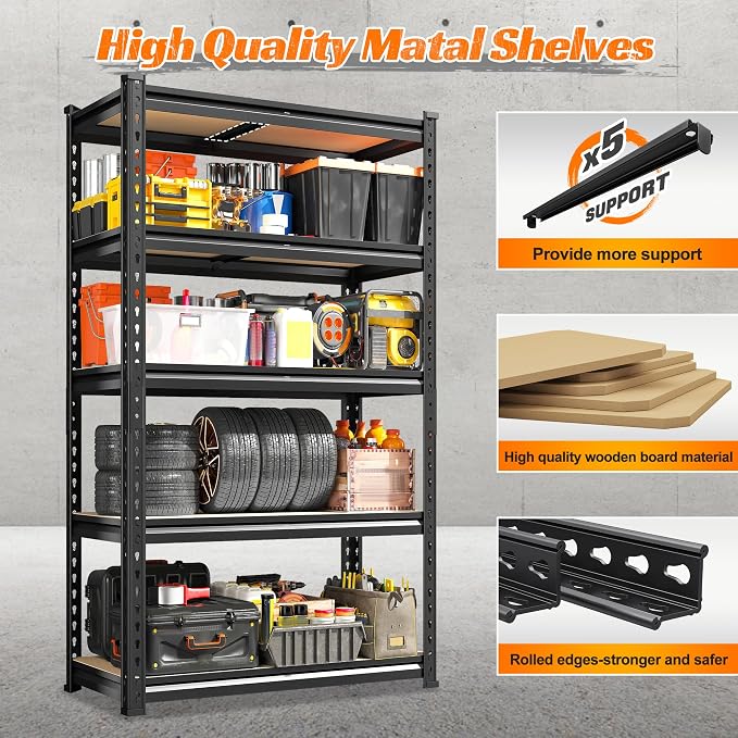 REIBII Set of 2 Storage Shelves,Heavy Duty Garage Shelving for Basement | 2000LBS Metal Shelves,5-Tier,Rolled Edge,for Industrial Warehouse Pantry School Education Shop Commercial,27.6"Wx11.8"Dx60"H