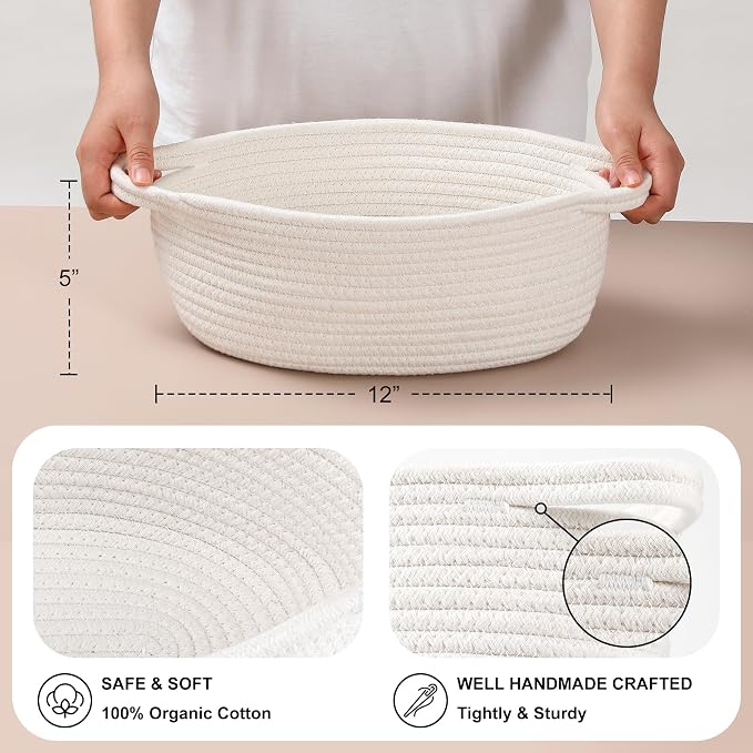 8 Pack Small Woven Basket with Gift Bags and Ribbons, All 12"x 8"x 5", Empty Decorative Gift Chest Box, Cute Baby Gift Basket for Nursery, Cotton Rope Room Shelf Storage Basket with Handles, White