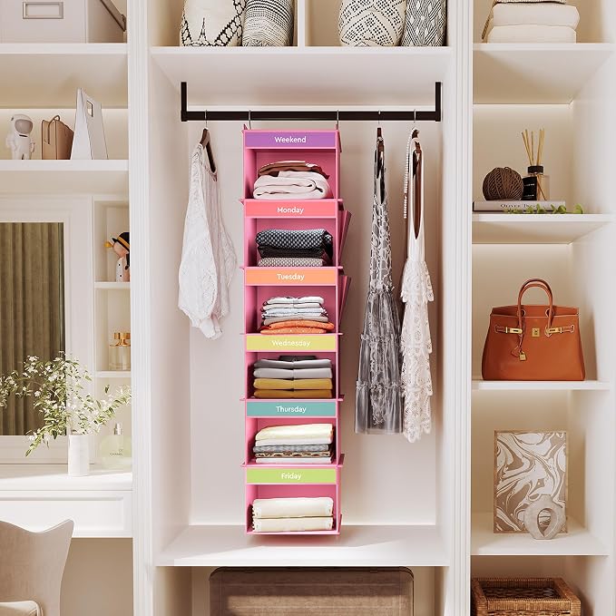 YOUDENOVA Weekly Clothes Organizer for Kids, Hanging Closet Organizer, Pink | Days of the Week Clothes Organizer, Reinforced Bamboo Slats, Kids' School Outfit Planning, Breathable Fabric, 2 Side Pockets