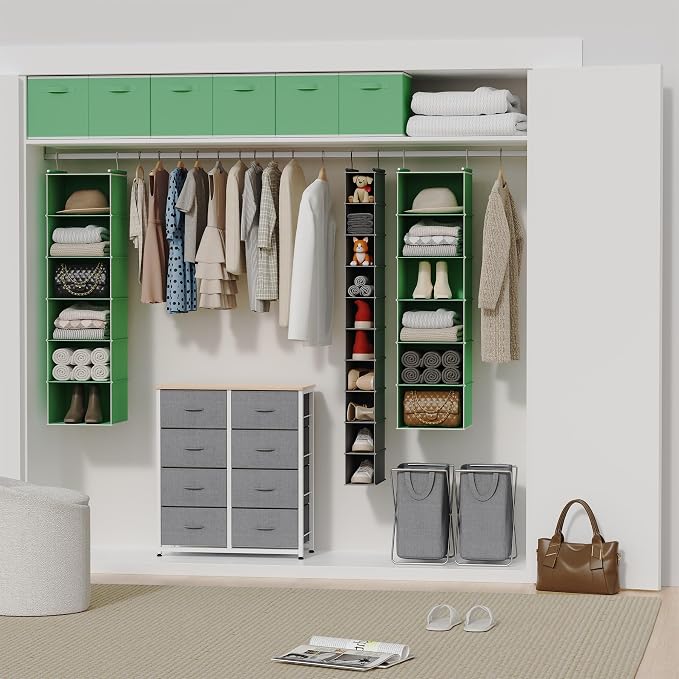 MAX Houser 6-Shelf Hanging Closet Organizer, Hanging Storage Shelves with 2 Sturdy Hooks Space-Saving for Bedroom, Foldable (Green)