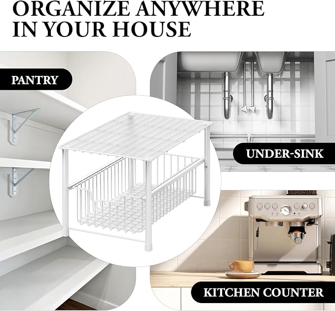 Simple Houseware Wired Stackable Under Sink Cabinet Sliding Basket, White | Free Standing Organizer Drawer, Kitchen/Pantry/Cabinet/Counter