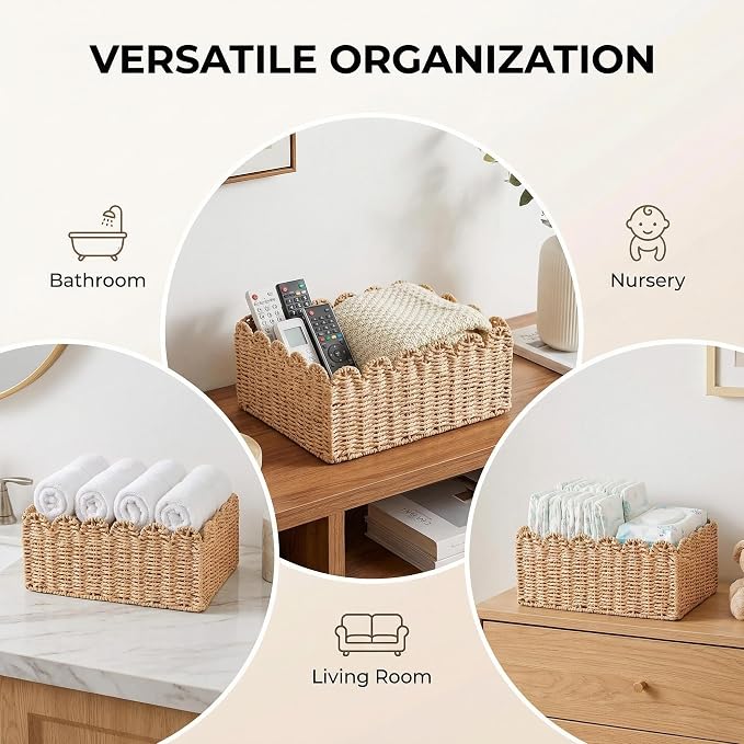 Scalloped Basket, Paper Rope Wicker Storage Baskets 14" L x 10.5" W x 5.9" H, Hand Woven Baskets for Shelves, Rattan Organizing Baskets for Living Room, Bedroom, Table, Bookcase, Shelf (Large)