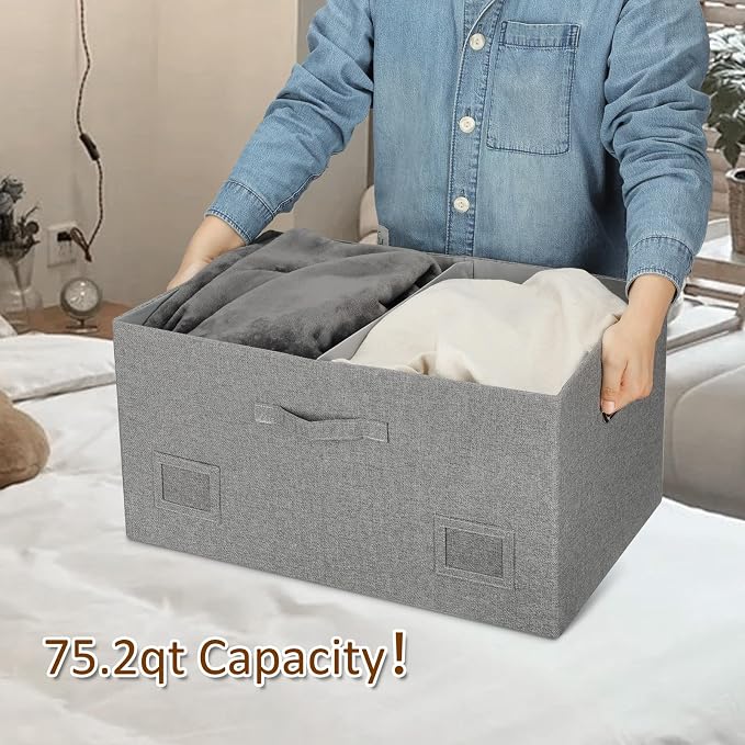 Graciadeco 75 Quarts Extra Large Decorative Storage Bins with Lids, 1 Pack Gray Collapsible Storage Bins with Lids, Stackable Storage Bins Decorative Box Storage With Lid Extra Large | 75 Quarts 1 Pack Gray1 Collapsible Stackable Linen Fabric 4 Handles...