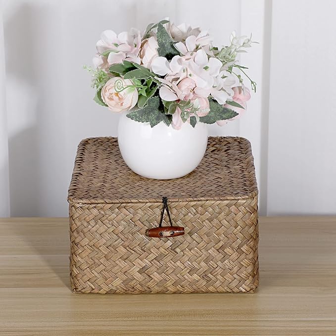 Hipiwe Small Wicker Shelf Baskets Handwoven Seagrass Storage Bin with Lid | Multipurpose Household Basket Boxes Square Basket Container for Shelves and Home Organizer, Coffee