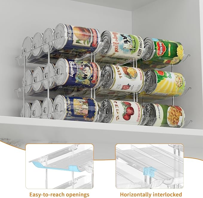 LXLXXL Can Organizer for Pantry Canned Food Storage Goods Holders 3 Tier | Automatic Rolling, Clear Acrylic Can Storage Rack, Sturdy and Stackable Shelf, for Fridge Cabinet Pantry Kitchen Organizer