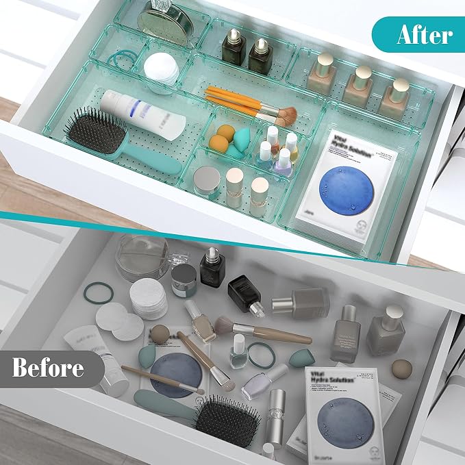 StorMiracle 13 PCS Clear Plastic Drawer Organizers Set, 4 Size Desk Drawer Organizer Trays for Makeup, Jewelry, Kitchen Utensils, Gadgets and Office Accessories, Sea Blue