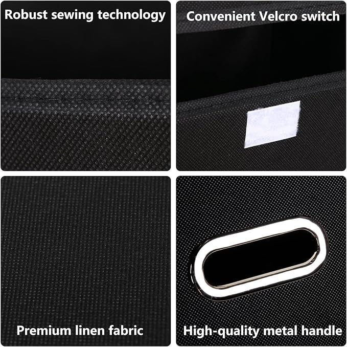 Fabric Foldable Collapsible Storage Cube Bin Organizer Basket with Lid, Handles, Removable Divider for Home, Closet (Black, 6Pcs)