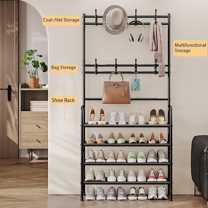 Coat Rack Shoe Rack With Storage Hooks Standing Organizer 4 Tier | Metal Freestanding Hall Tree for Clothes Hats bag Scarves Space Saving Design for Entryway Bedroom living Closet Office,Black