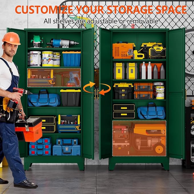 GAIOUS 75'' Tall Metal Garage Storage Cabinet,File Cabinet with Door and Adjustable Shelves, Outdoor Steel Tool Cabinet for Home,Office,Warehouse,Garage,Green