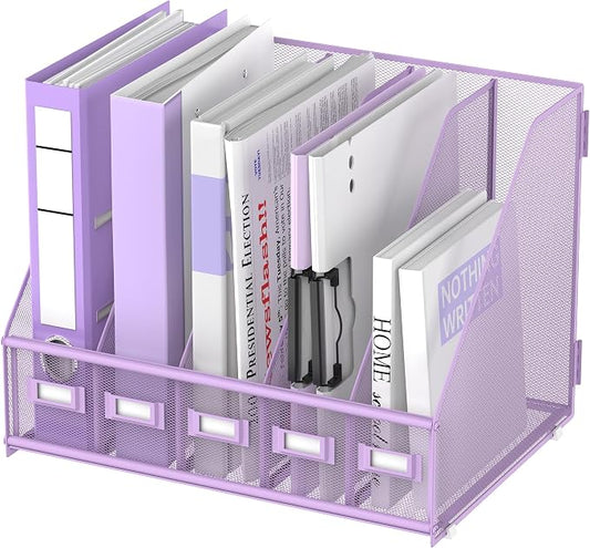 SUPEASY Desk Organizers Metal Desk Magazine File Holder with 5 Vertical Compartments Rack File Organizer for Office Desktop, Classroom, Home Workspace, Purple Plus