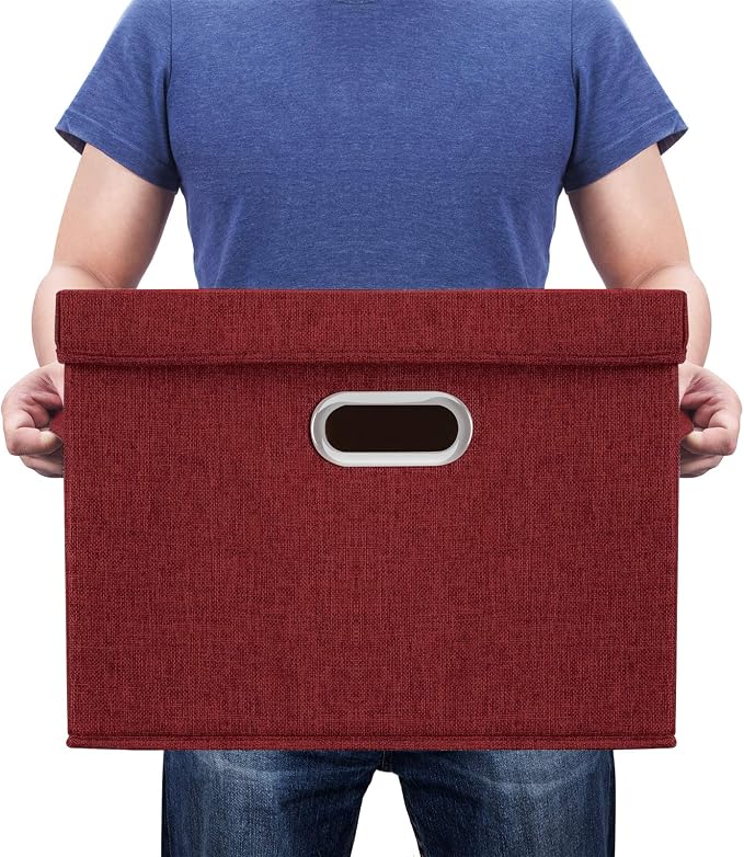 Collapsible Storage Bins With Lids, Large Fabric Storage Boxes - 2 Pack - Red Wine